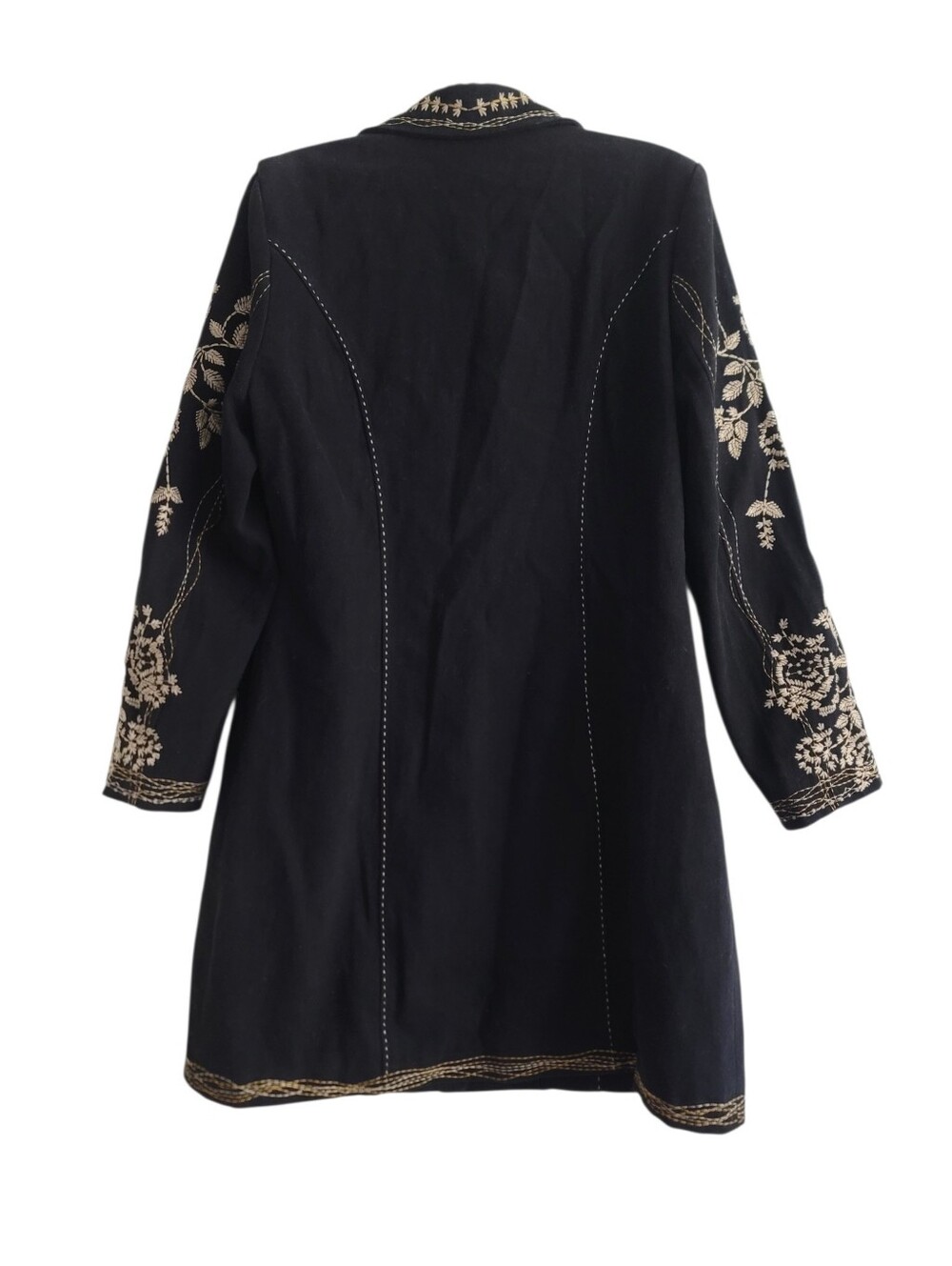 Floral Embroidered Boho Structured Coat Neutral Size Large 100% Cotton Black - Picture 2 of 12